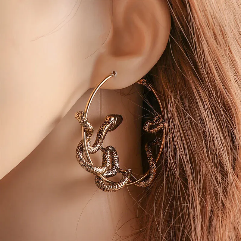Personality Gothic Cool Punk Antique Animal Black Snake Earrings Crazy Twining Snake Hoop Earrings Statement Earrings Party