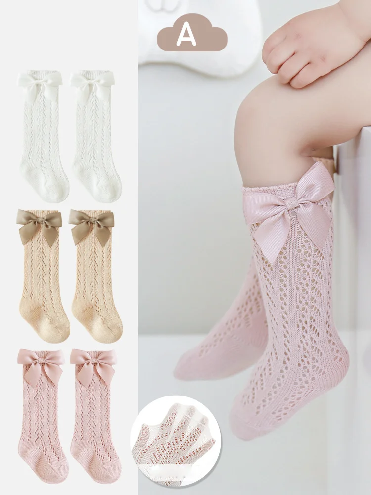 

Summer Baby Girls Socks Cute Bows Toddler Girls Knee High Socks Hollow Thin Mesh Breathable Infant Children's Long Princess Sock