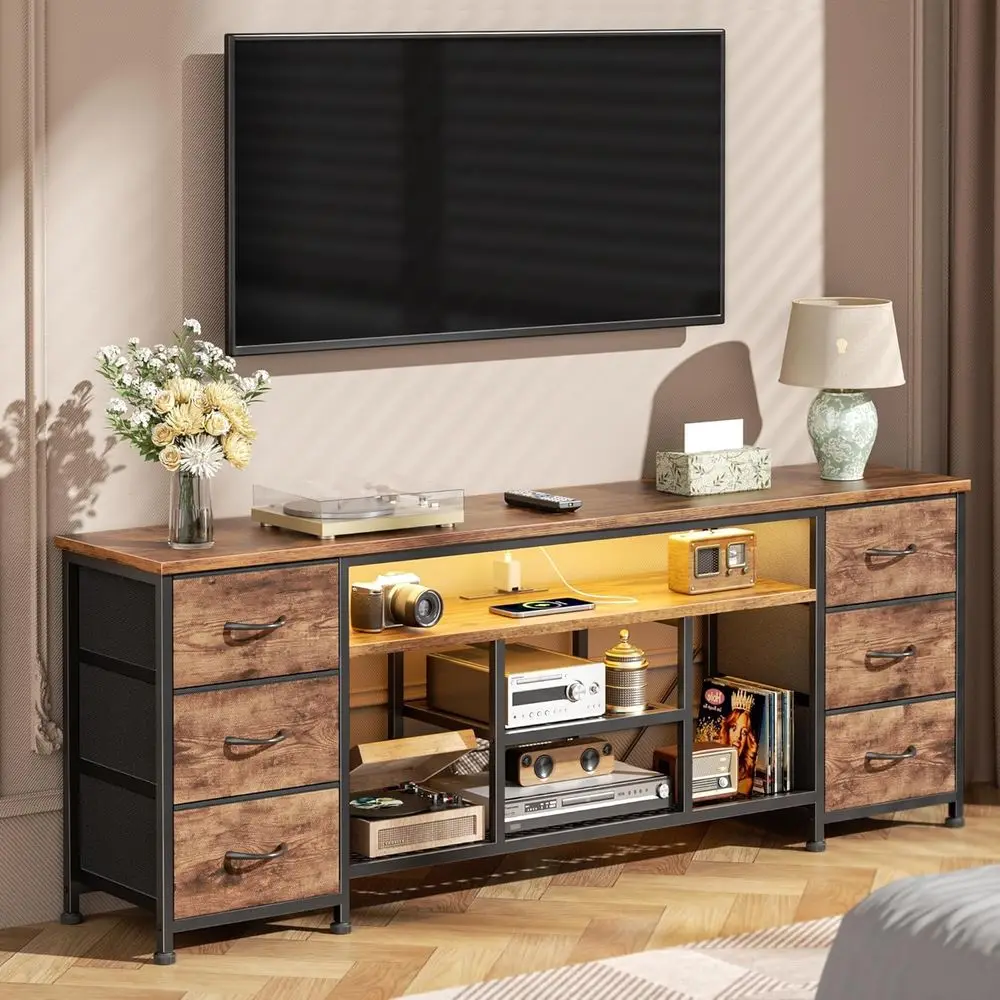 65-70 Inch LED TV Stand, 63 Entertainment Center with Power Outlets, 6-Drawer Media Console in Rustic Brown