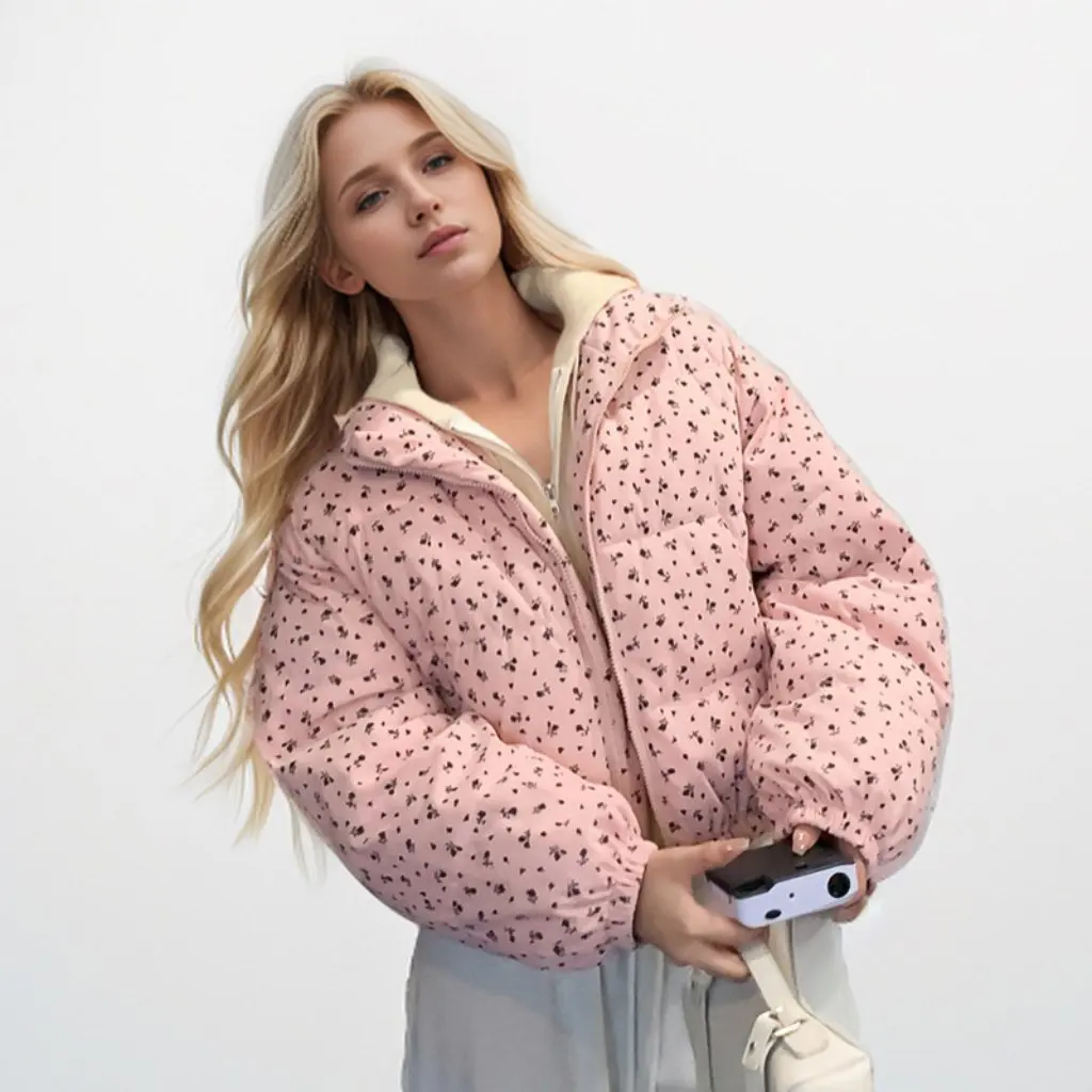 

Women's Cotton-Padded Jacket Fresh Flower Print Loose Fit Thick Warm Coat Spring Autumn Fashion