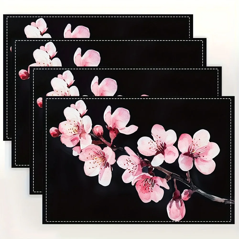 Elegant Black Background Pink Cherry Blossom Placemats 4PC Watercolor Floral Branch Table Mats For Kitchen Decor