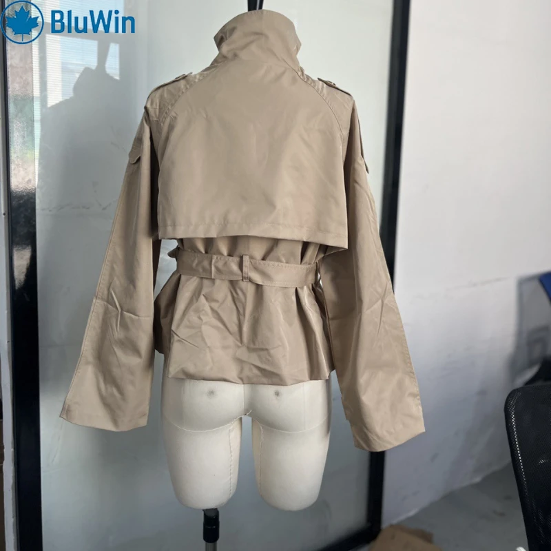 BluWin 3Colors Korean Fashion Cropped Trench Coat Women 2025 Autumn Double Breasted Belted Designer Short Jacket Windbreaker
