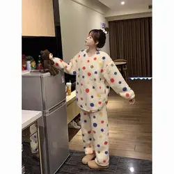 Winter Thermal Fleece Pajama Sets Polka Dot Pyjamas Women's Warm Plush Pjs Loung Sleepwear Pijama Mujer Night Suits Homewear