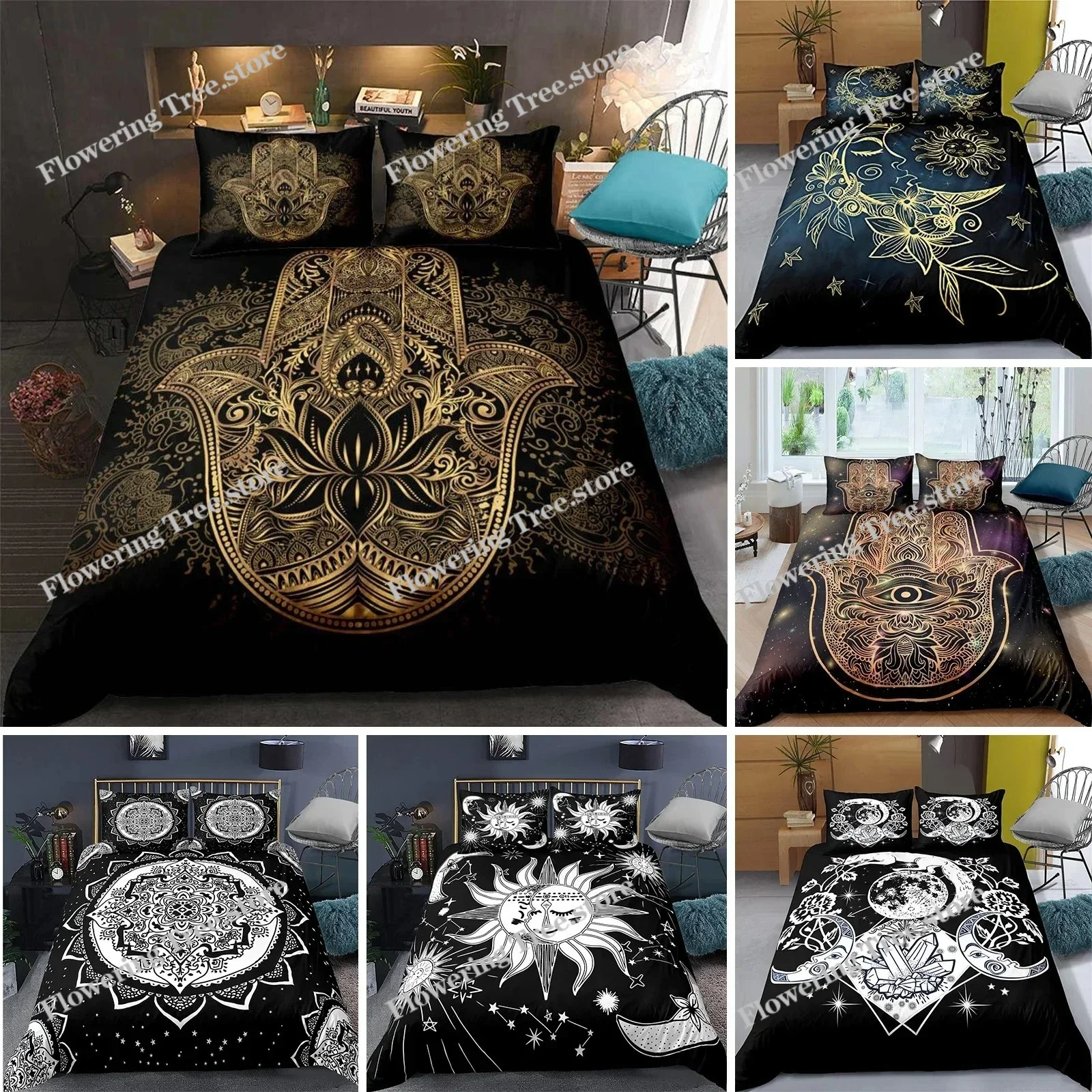 

Hamsa Hand Bedding Set Boho Mandala Duvet Cover Set Black Gold Bohemia Bed Set Fatima Hand bed linen Lucky Hand Quilt Cover