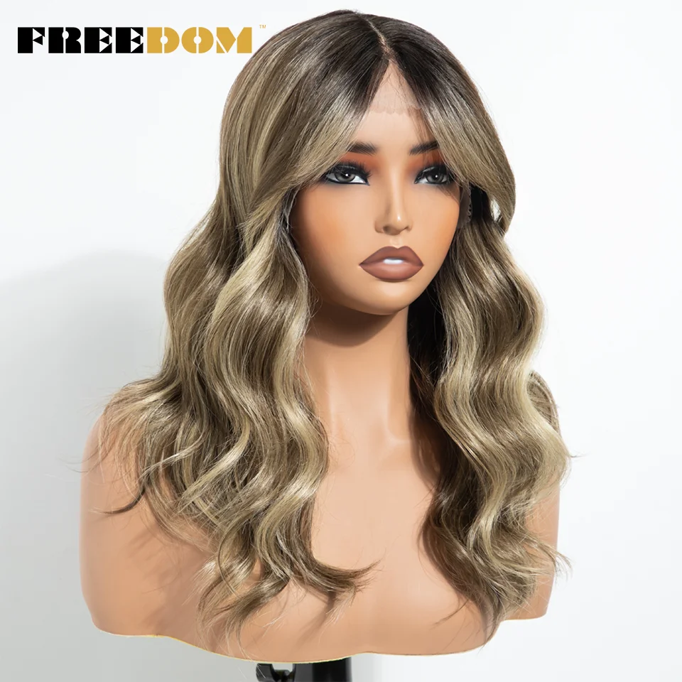 FREEDOM Synthetische Lace-Front-Perücken für Frauen, 18 Zoll, Ombre Braun-Braunblond, gewellte Perücke mit Pony, Highlight-Perücke für den täglichen Gebrauch – Detail 5
