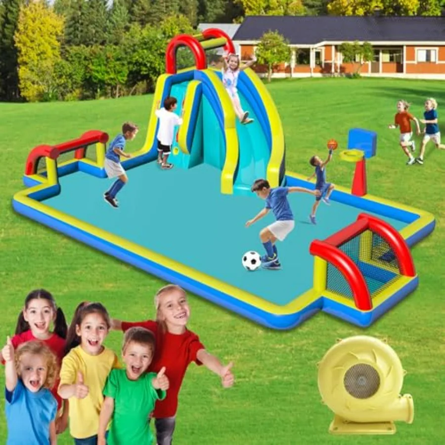 

Outdoor inflatable bounce house for kids 3-10: PVC material, blue and red, includes slide, double soccer goal, splash pool, bas