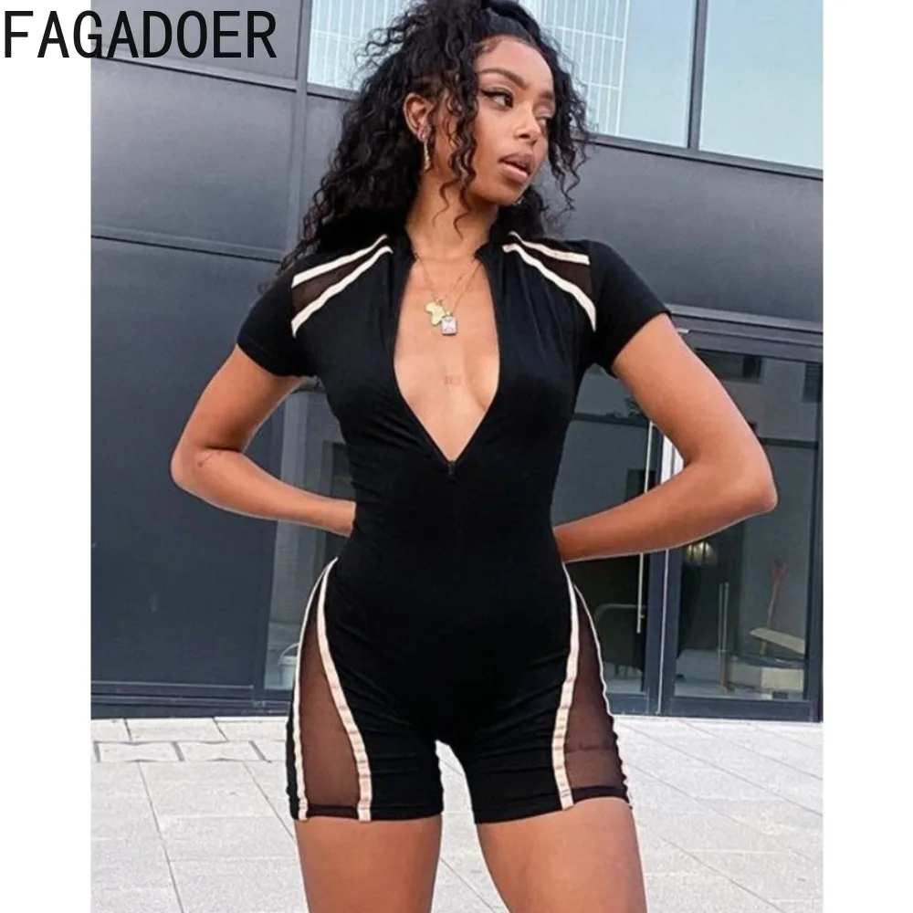 FAGADOER Black Fashion Mesh Splicing Color Sporty Rompers Women Deep V Zipper Short Sleeve Bodycon Jumpsuits Female Slim Overall