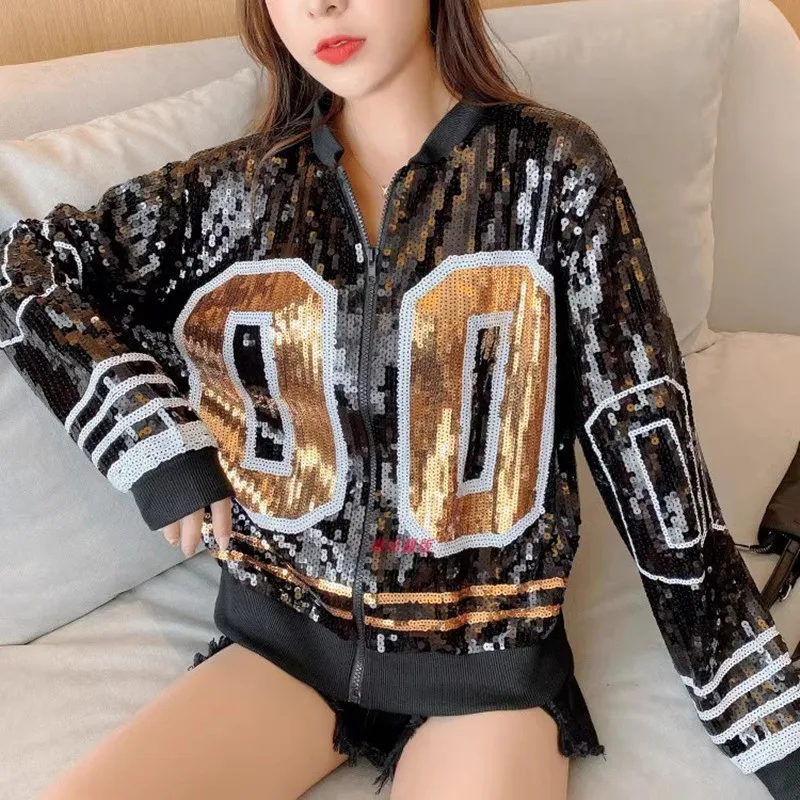 

New Chic Women Long-Sleeved Jacket 2024 Korean Luxury Sequined Loose Outerwear Tops Elegant Streetwear Girl Hip-Hop Party Coat