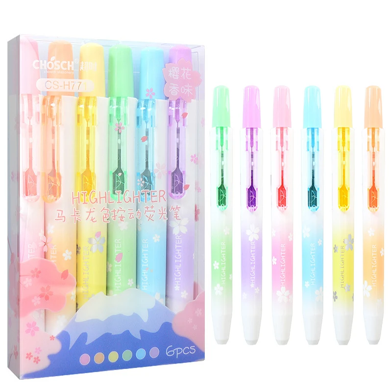 

6Pcs/set Kawaii Retractable Highlighters Macaron Pastel Highlighter Pen Fluorescence Markers for School Supplies Cute Stationery