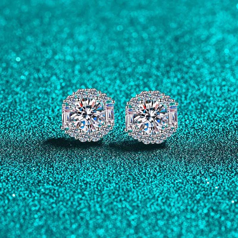 Elegant PT950 Platinum Women's 1-2 Carat Moissanite Stud Earrings, Elegant Design Hexagonal Diamond-Studded Earrings