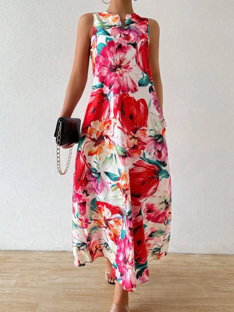 Modisches ärmelloses Damenkleid mit V-Ausschnitt, Blumendruck, leicht, atmungsaktiv, langes Kleid, Persönlichkeit, Schlitz-Design, Komfort