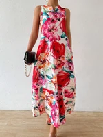 Vestido sin mangas con cuello en V a la moda para mujer, vestido largo ligero y transpirable con estampado Floral, diseño con abertura y personalidad, comodidad