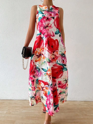 Vestido sin mangas con cuello en V a la moda para mujer, vestido largo ligero y transpirable con estampado Floral, diseño con abertura y personalidad, comodidad