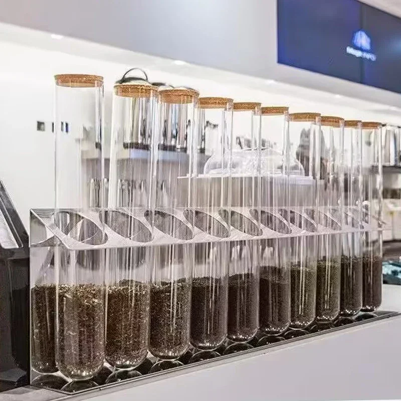 Boîtes de rangement en verre pour thé au lait, présentoirs à thé, étagères en fer, boîtes de grains de café, présentoirs de comptoir de bar