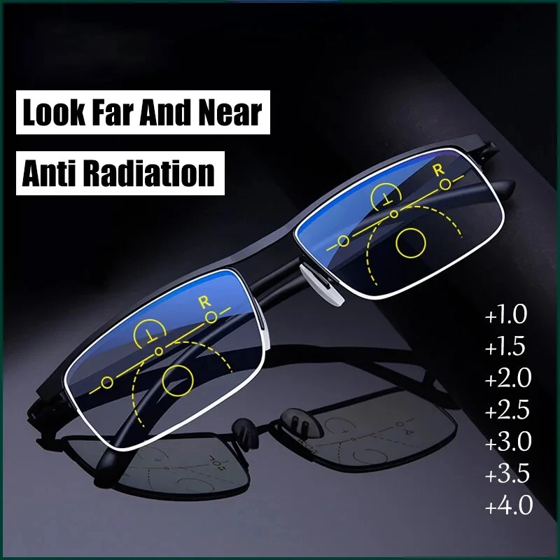 Progressive Multifocal Reading Glasses for Women and Men Anti-Blue Light Half Frame Bifocal Presbyopia Eyeglasses +100 To +400