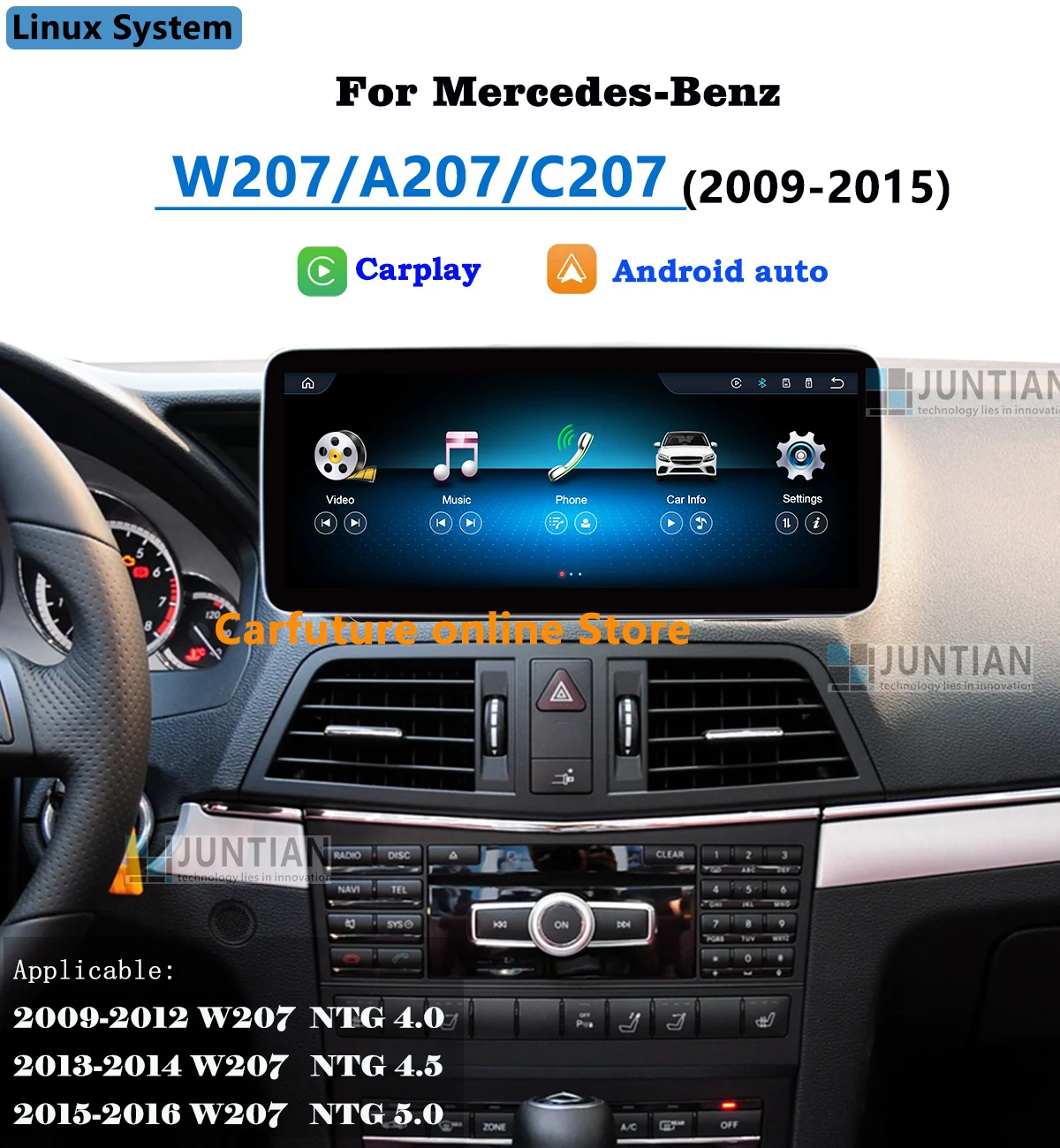Linux System for Mercedes Benz W207 A207 C207 Coupe 2008-2016 Car Radio Wireless CarPlay Android Auto Airplay Blacklight Screen
