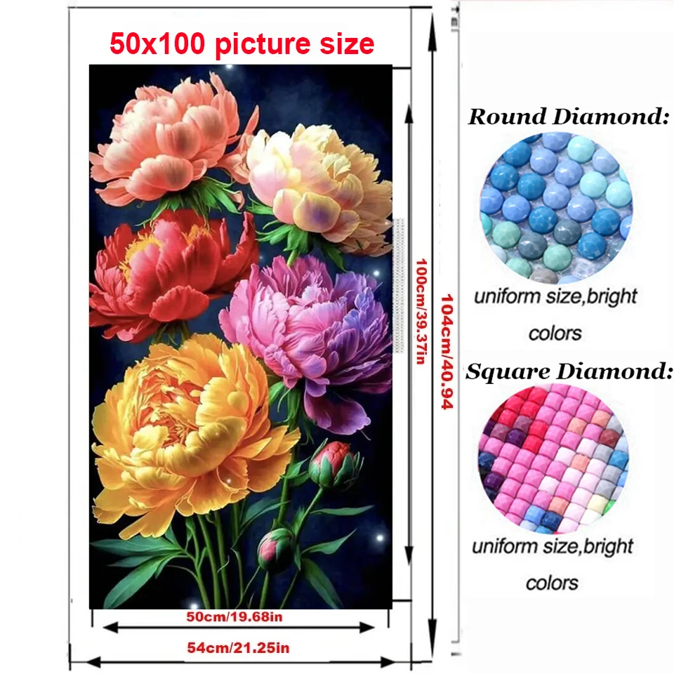 Large Colorful Peony Flowers Green Leaf Diy Diamond painting Full Square Round diamond Art Mosaic Cross stitch kits Floral Style