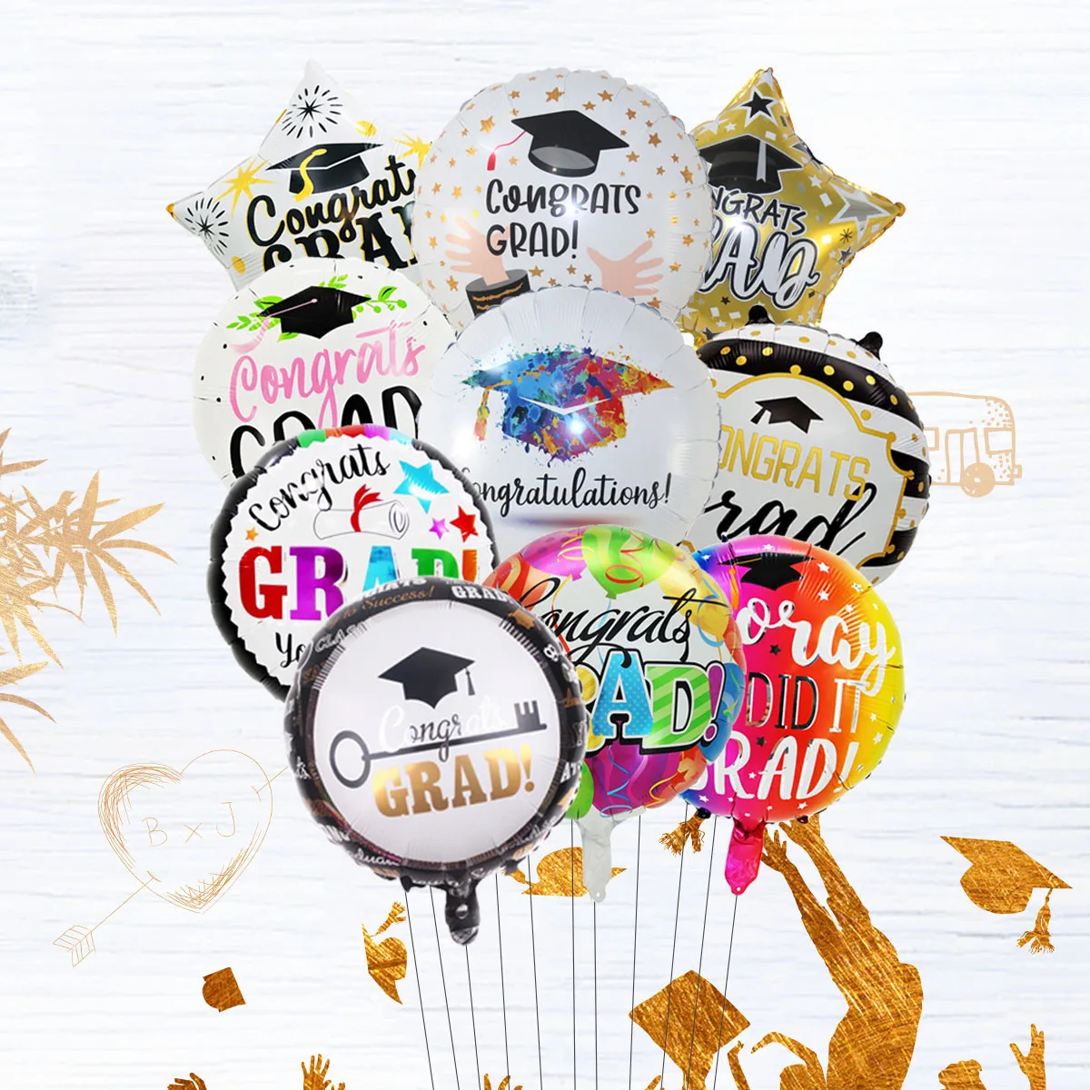 10 Stück/Set 18 Zoll 'Congrats Grad' Runde Stern-Folienballons 2026 Abschlussfeier-Dekorationen Schulabschluss-Party-Deko Abschluss-Foto-Requisiten