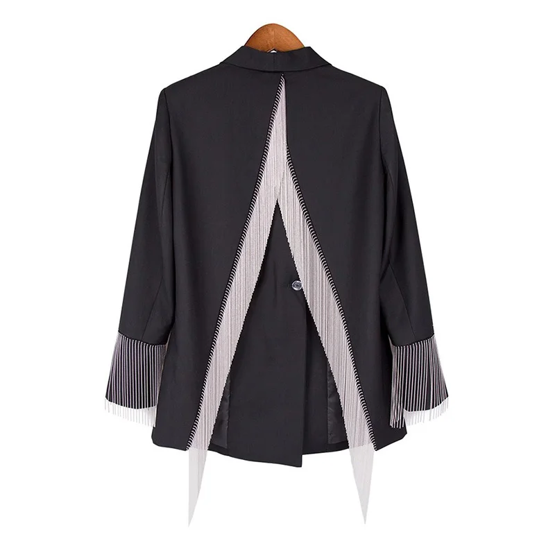 Hollow Out Back Split Design Chain Tassel Black Short Blazers Women Spring New Slim Single Button Long Sleeve Lapel Suit Jacket