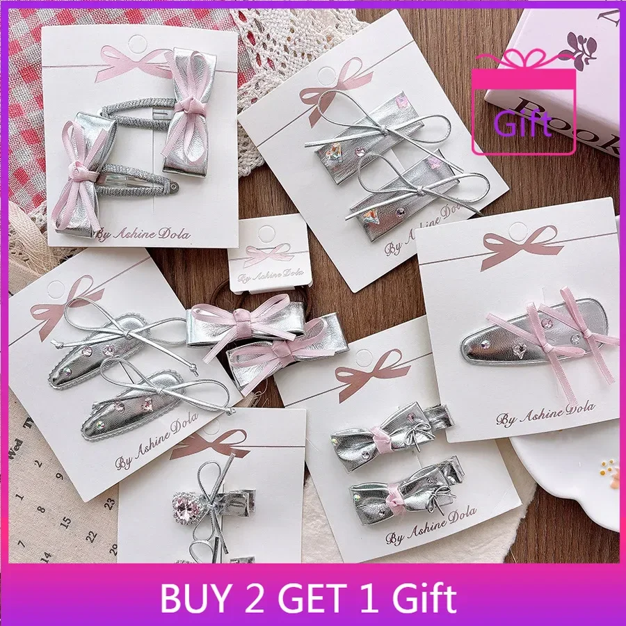 

2025 Korean Style Silver Leather Texture Pink Bowknot Girlish Heart Rhinestone Bangs Side Clip Sweet Hair Accessories BB Clip