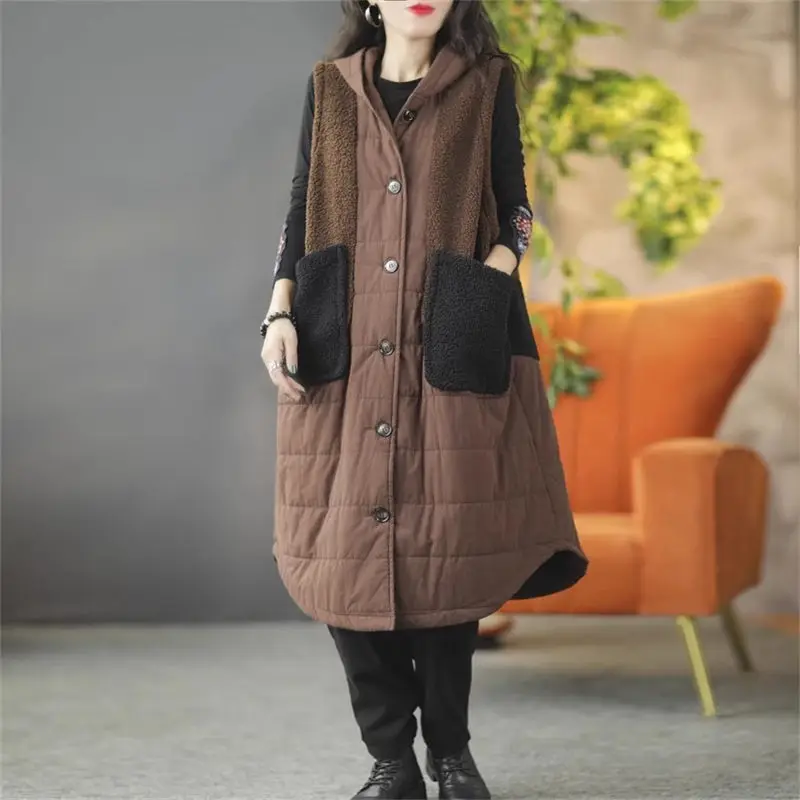 

Lady Wasitcoat Winter Jacket Vintage Spliced Fur Large Pocket Sleeveless Hooded Coat Loose Oversized Warm Long Cotton Vest Z3428