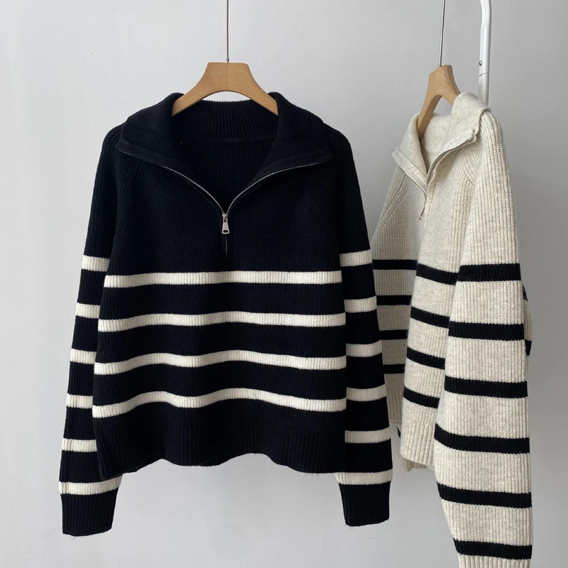 2024 Autumn/Winter New Half Zipper Casual Navy Stripe Sweater Thickened Small Casual Versatile Lazy Style Knitted Sweater