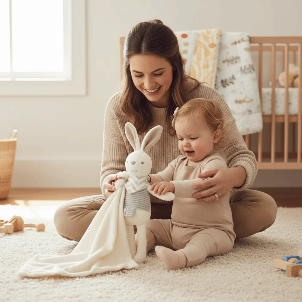 Square Shape Baby Rabbit Comforter Cute Embroidery Material Infant Saliva Towel Elegant Bow Decor Baby Security Blanket