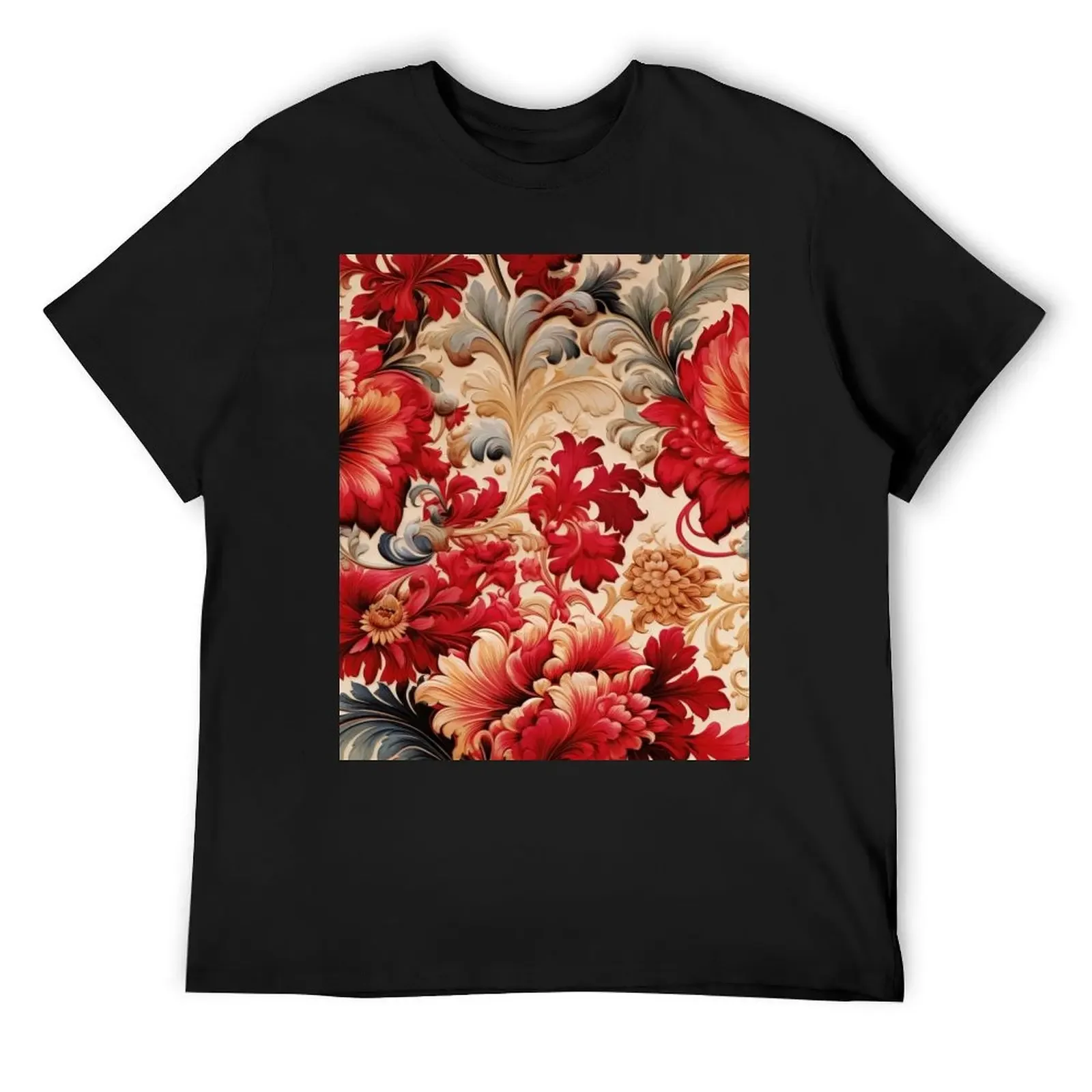 Seamless Pattern of Red Flowers on White Background -Vintage Wallpaper T-Shirt