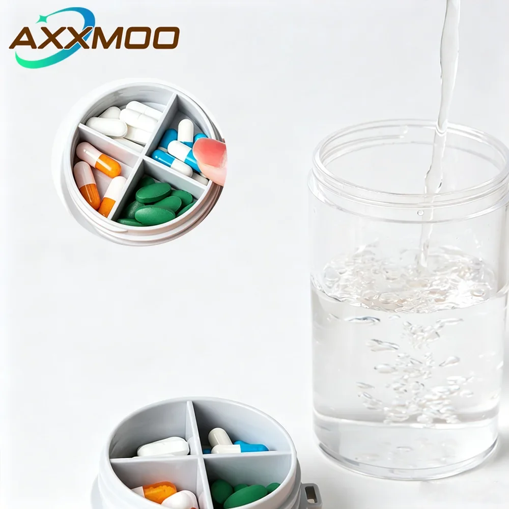 1PCS Water Bottle and Pill Organizer - Travel Water Bottle with 4 Compartments Pill Case - Perfect for Sports and Travel