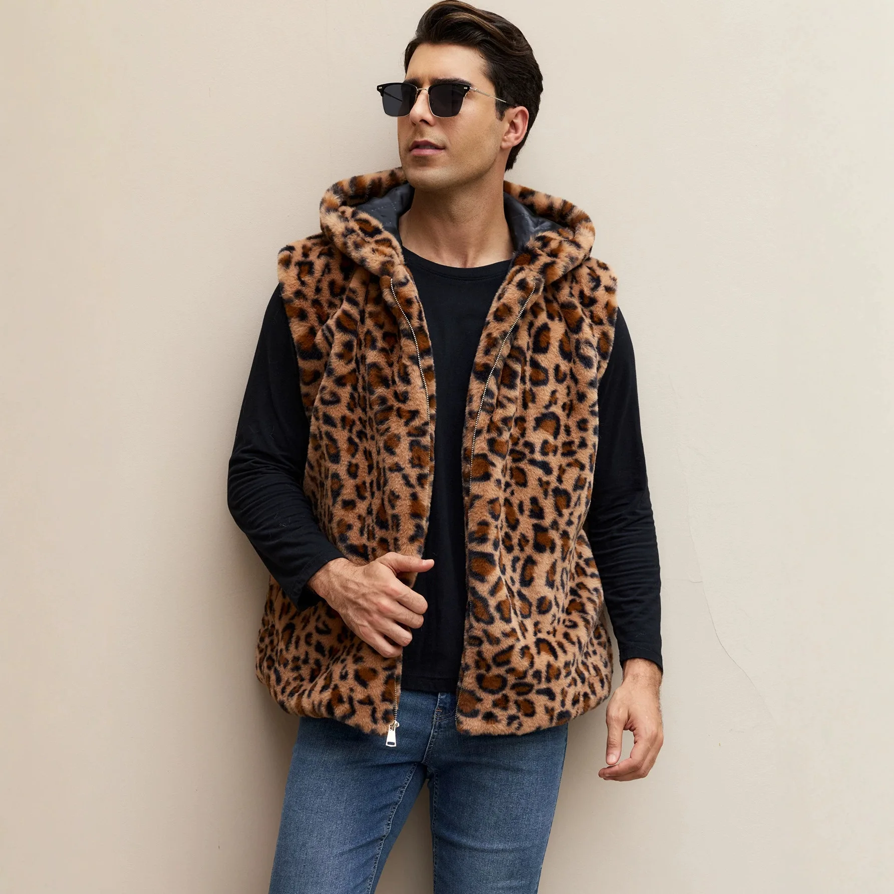 Men Vests Leopard Print Faux Fur Hooded Vest Zipper Sleeveless Fluffy Waistcoat Casual Work Outerwear Thick Warm Autumn Winter