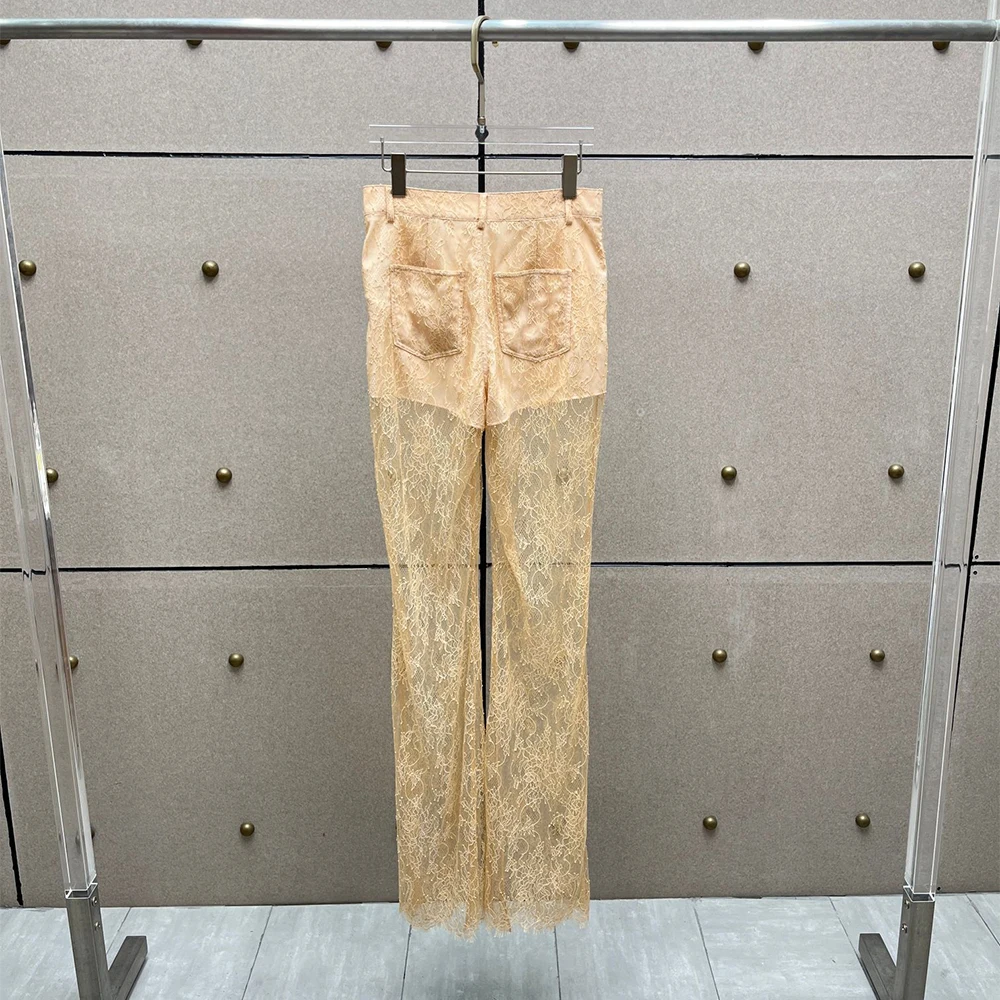 100% Cotton Women's High Waist Sheer Lace Straight Pants See Through Floral Mesh Trousers Summer Casual Streetwear Club Pants