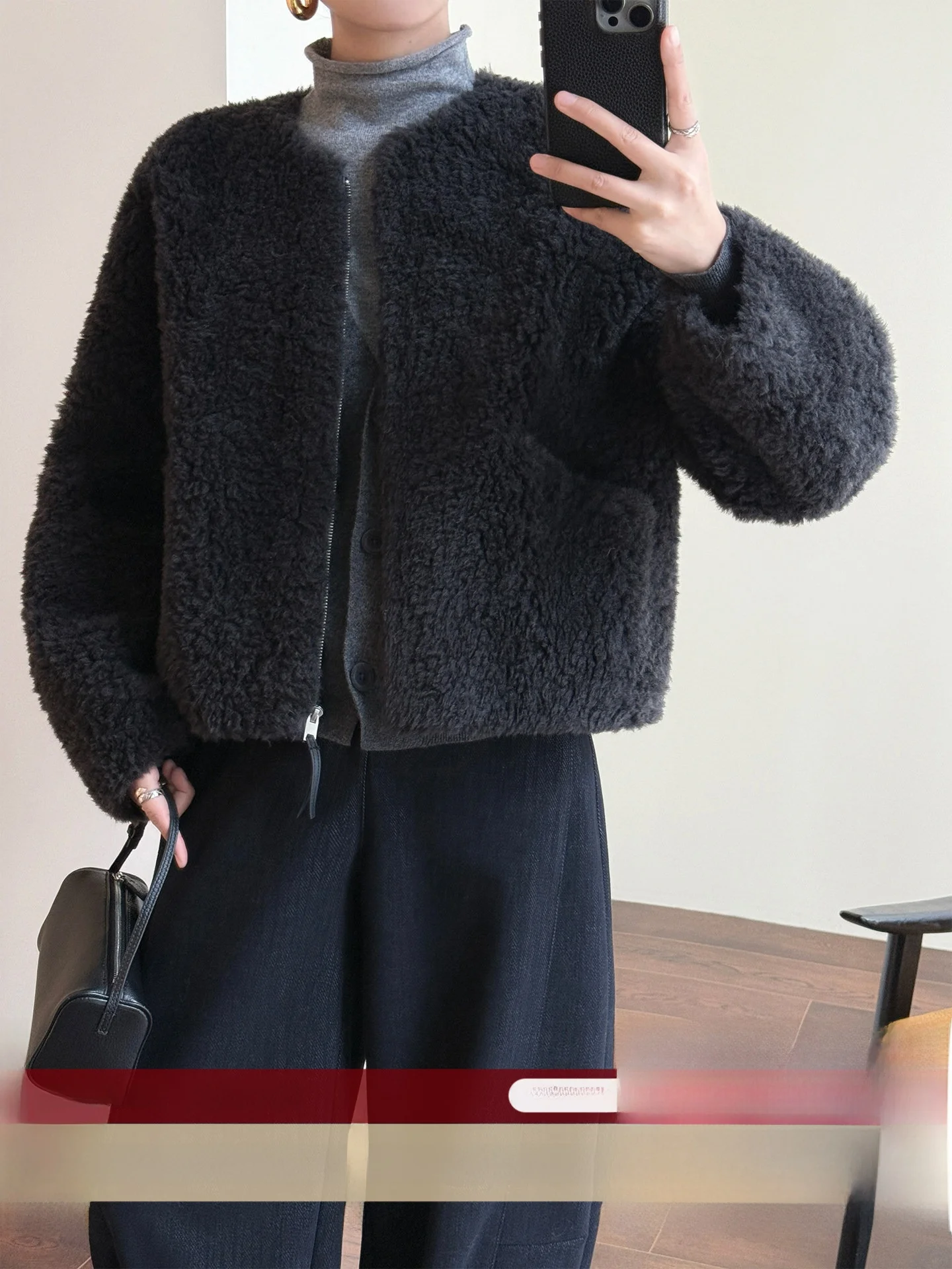 

WANGER a Roll 00% Wool ort Coat Warm Cozy round Ne Furry Outerwear Women's Casual Loose Fit Sle Winter Jaet