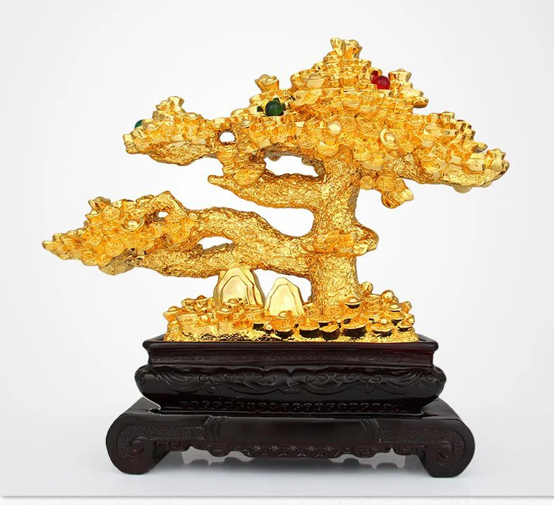 xx-Fengshui Gold Resin Wealth Tree Ornaments Opening Gifts Livingroom Sculpture Decoration Office Store Statue Fortune Crafts