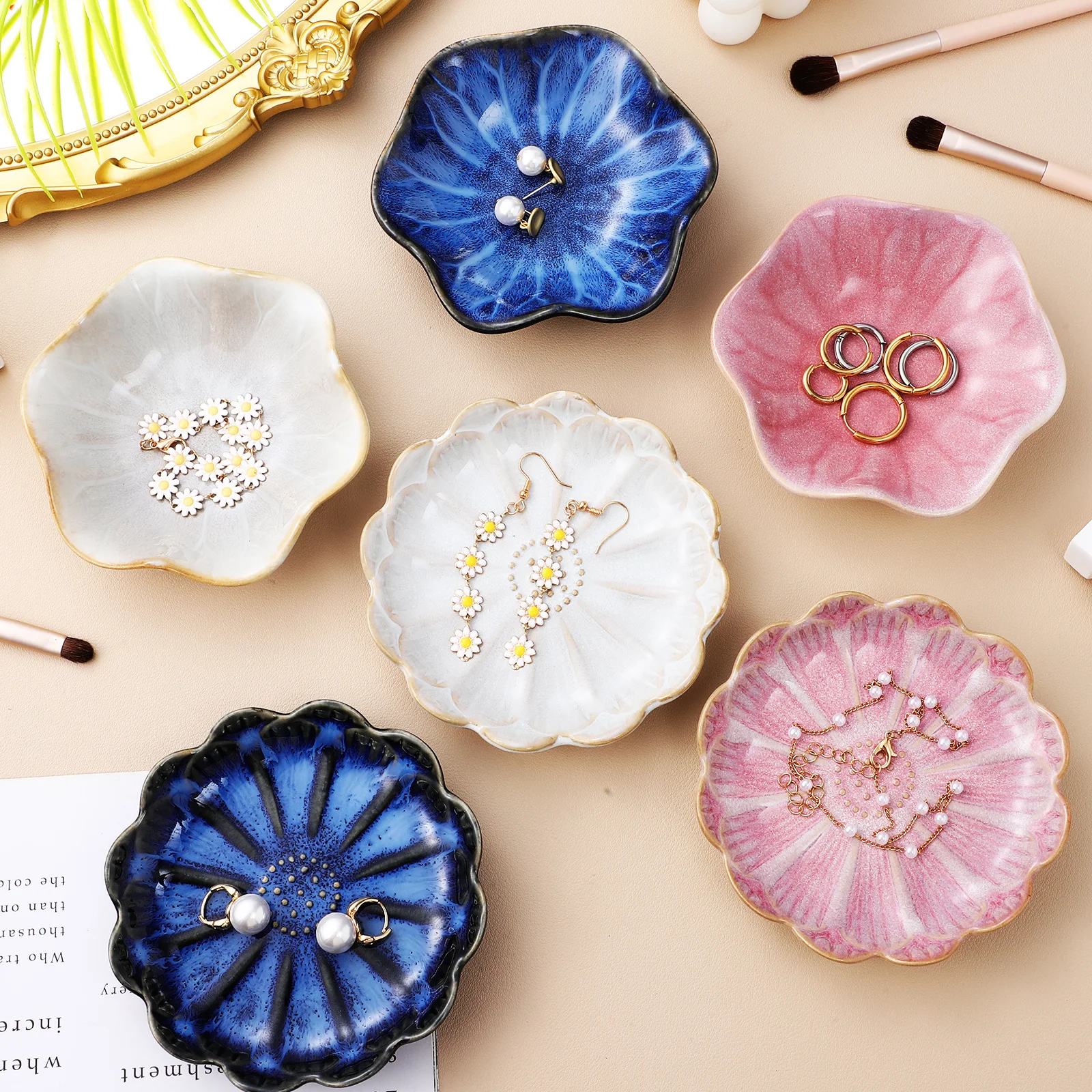 

6Pcs Lotus Leaf Ceramic Jewelry Dish Tray Multifunctional Storage for Rings Earrings Desktop Jewelry Tray Trinket Dish