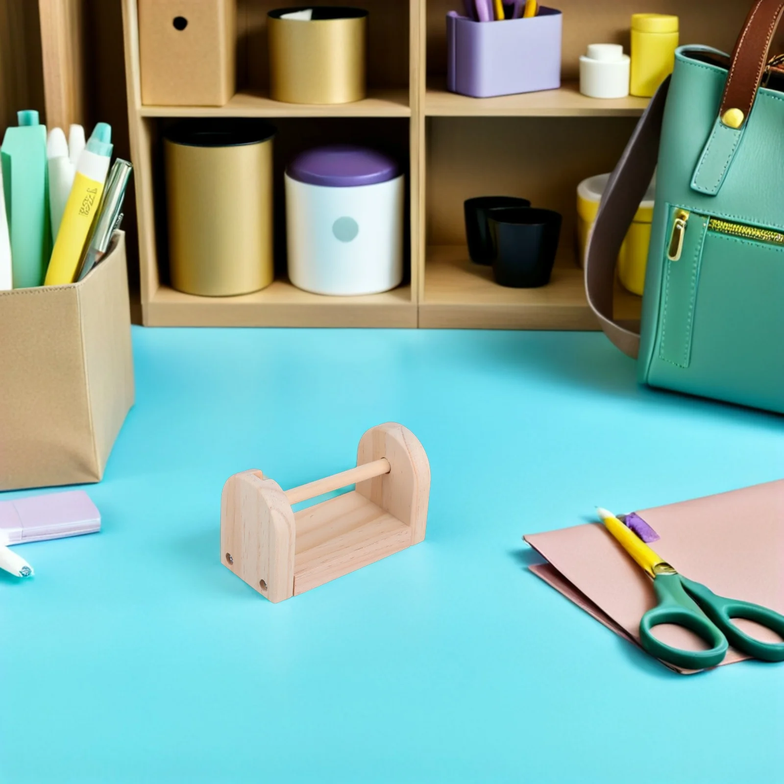 موزع شريط لاصق خشبي، حامل حرفي متعدد الأدوار، منظم مكتب ثابت لحامل شريط سطح المكتب في الفصل الدراسي
