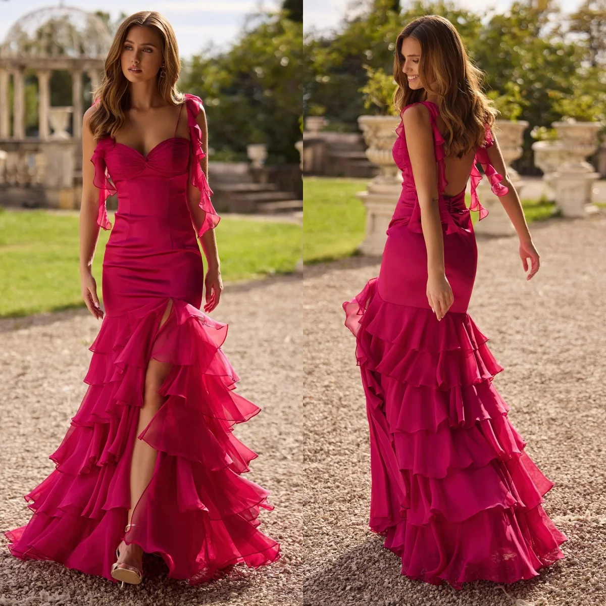 

Linda Fuchsia Prom Dresses Sweetheart Sleeveless Mermaid Evening Gowns for Women Stain Tiered Vestidos de Gala Customized
