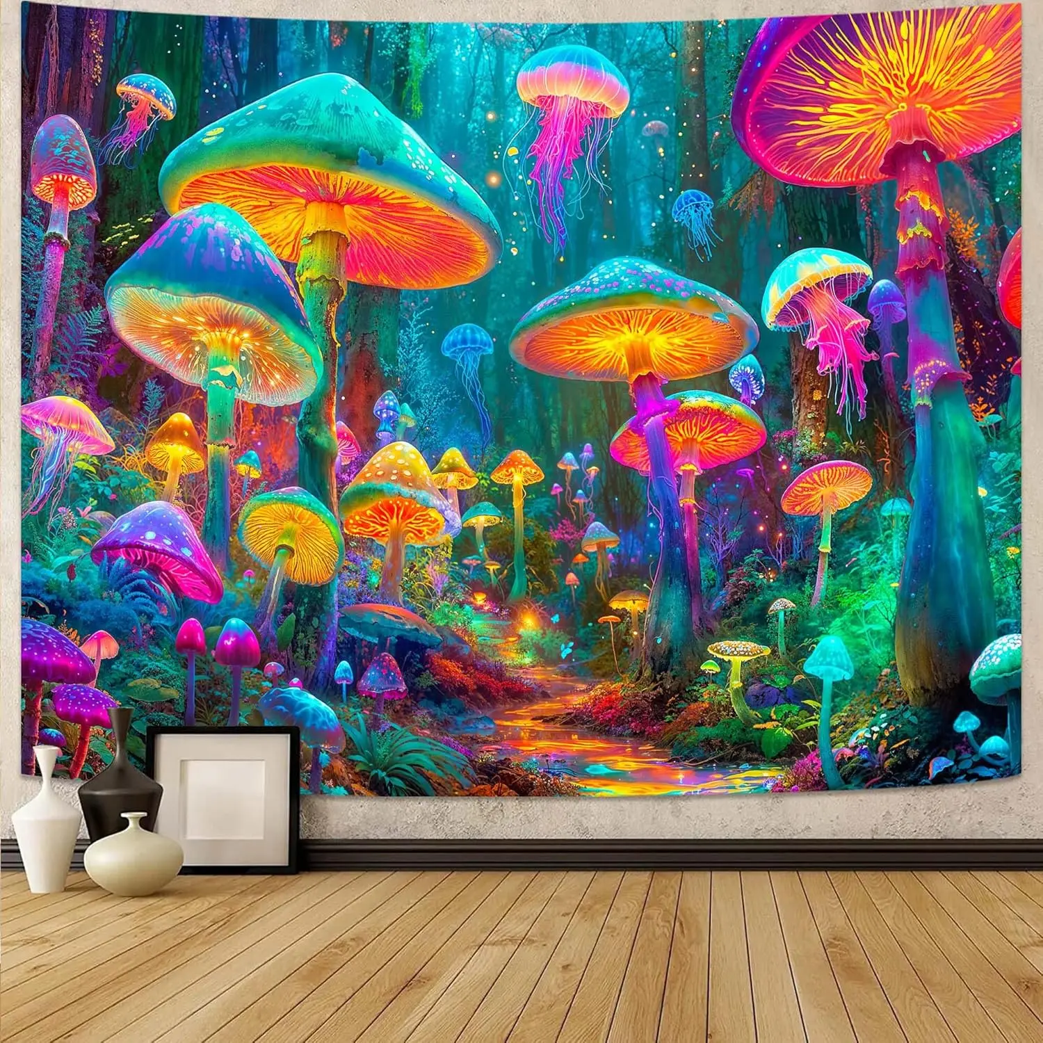 Fantastic Mushroom Forest Tapestry,UV Reactive Vibrant Glowing Mushroom Wall Tapestries Room Decor,Unique Home Decor Tapestry