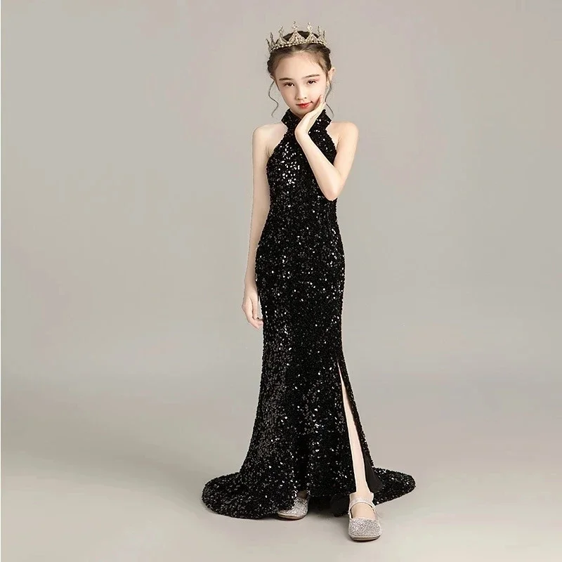 

Black Elegant Trailing sequin Girls evening dresses Mermaid Catwalk princess Costume for kids clothes Girl birthday party Gown