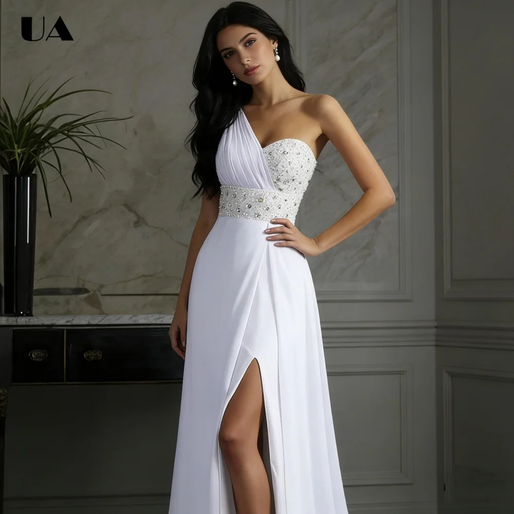 ULBYANRY Customized A-line Beading Prom Dress with Asymmetrical Neck Elegant Sleeveless Evening Dress Trendy Floor-length Dress