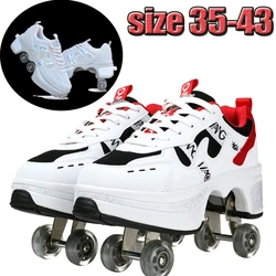 Boys Girls Big Four Wheel Rampage Shoe Lace Brake Roller Skating Shoes with Retractable Wheels Adult Walking Skating Shoe