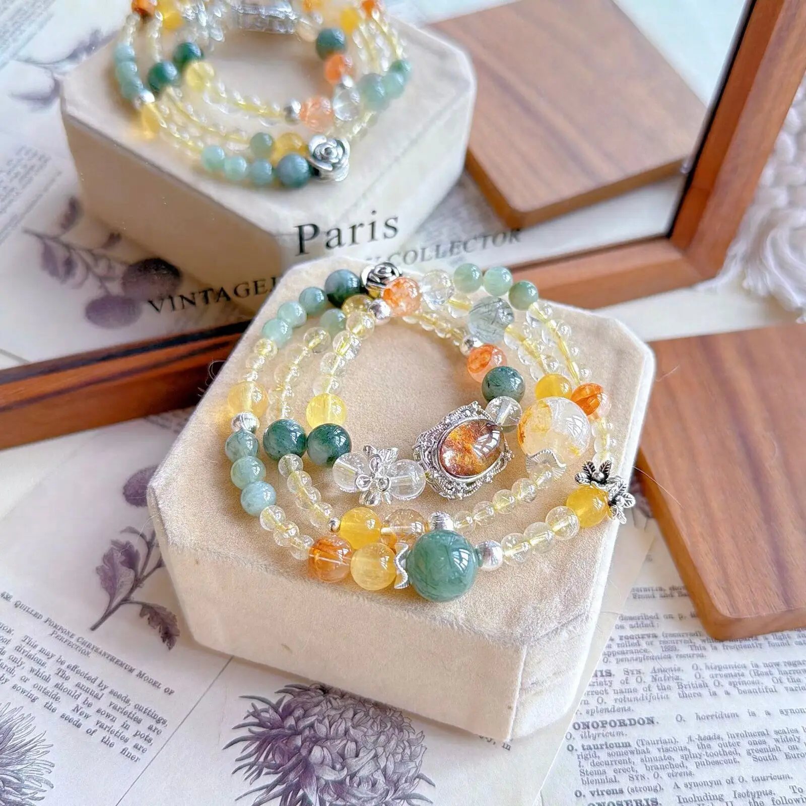 Chinese Style Lucky Three Layer Natural Phantom Crystal Green Rutilated Quartz Yellow Fluorite Beaded Bracelet 6-7mm Fortune Att
