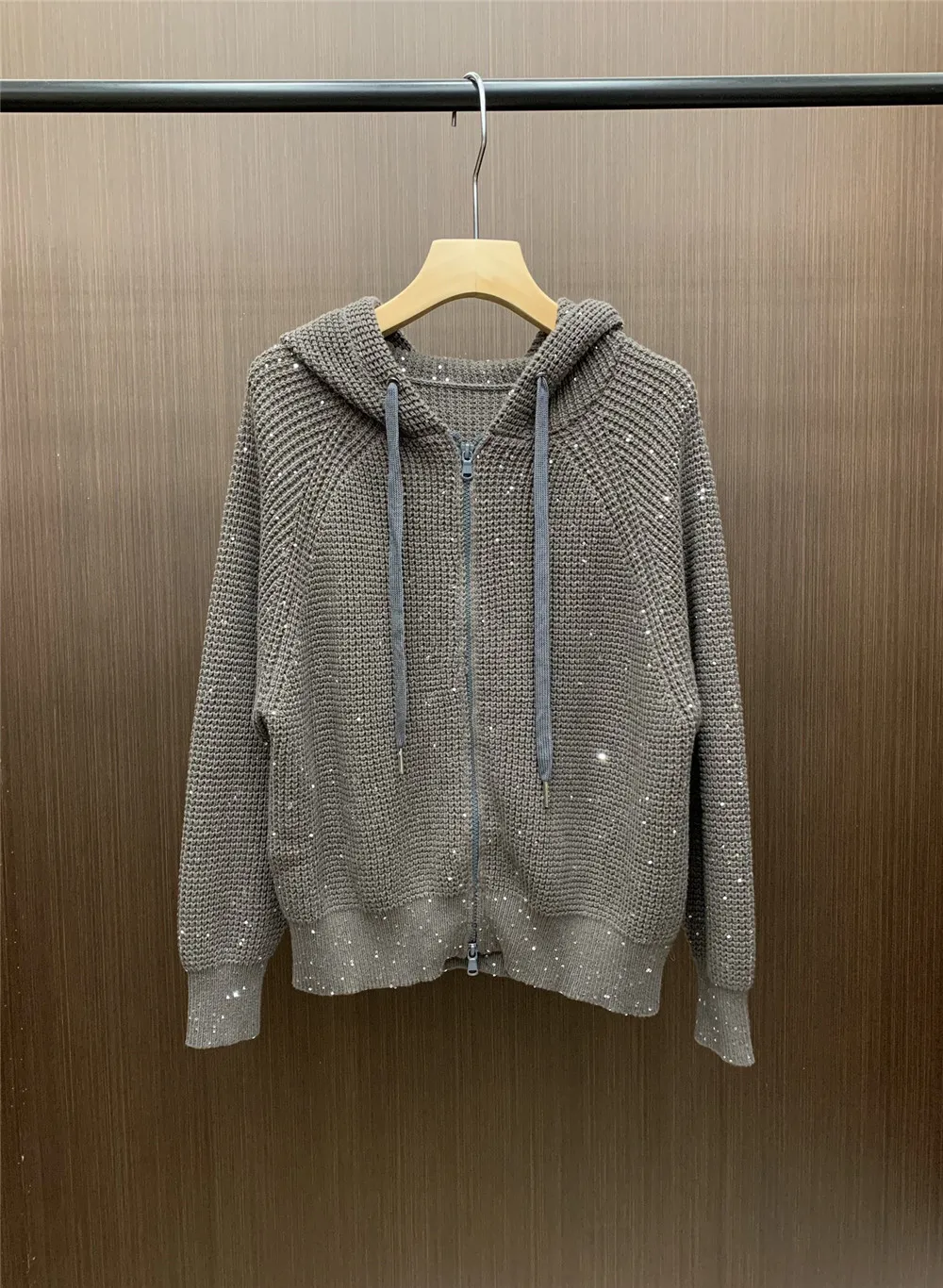 High Quality B*C Women Sequin Hooded Sweater Zipper Long Sleeve Knitted Cardigan Coat Woman\'s Clothing