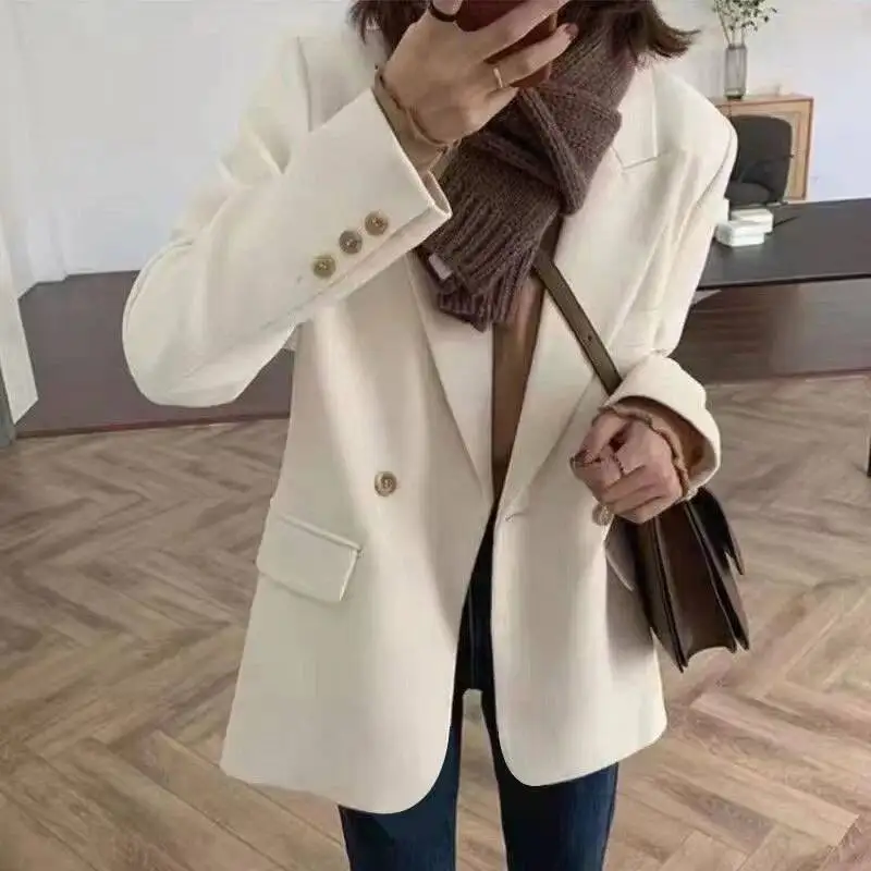 

Korean White Suit Coat Women Elegant Long Sleeve Lapel Blazers For Woman Autumn Winter Single Button Solid Color Business Jacket