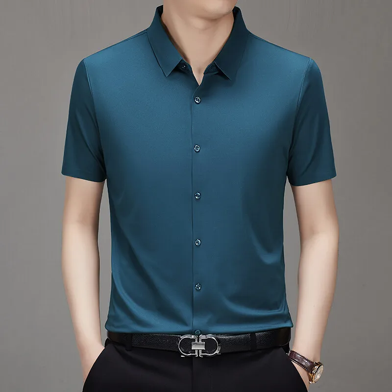 

14 Colors Men's Business Casual Shirt Short Sleeve Solid Color Strecth Shirts Summer Ice Sick Wrinkle Free Mens Top