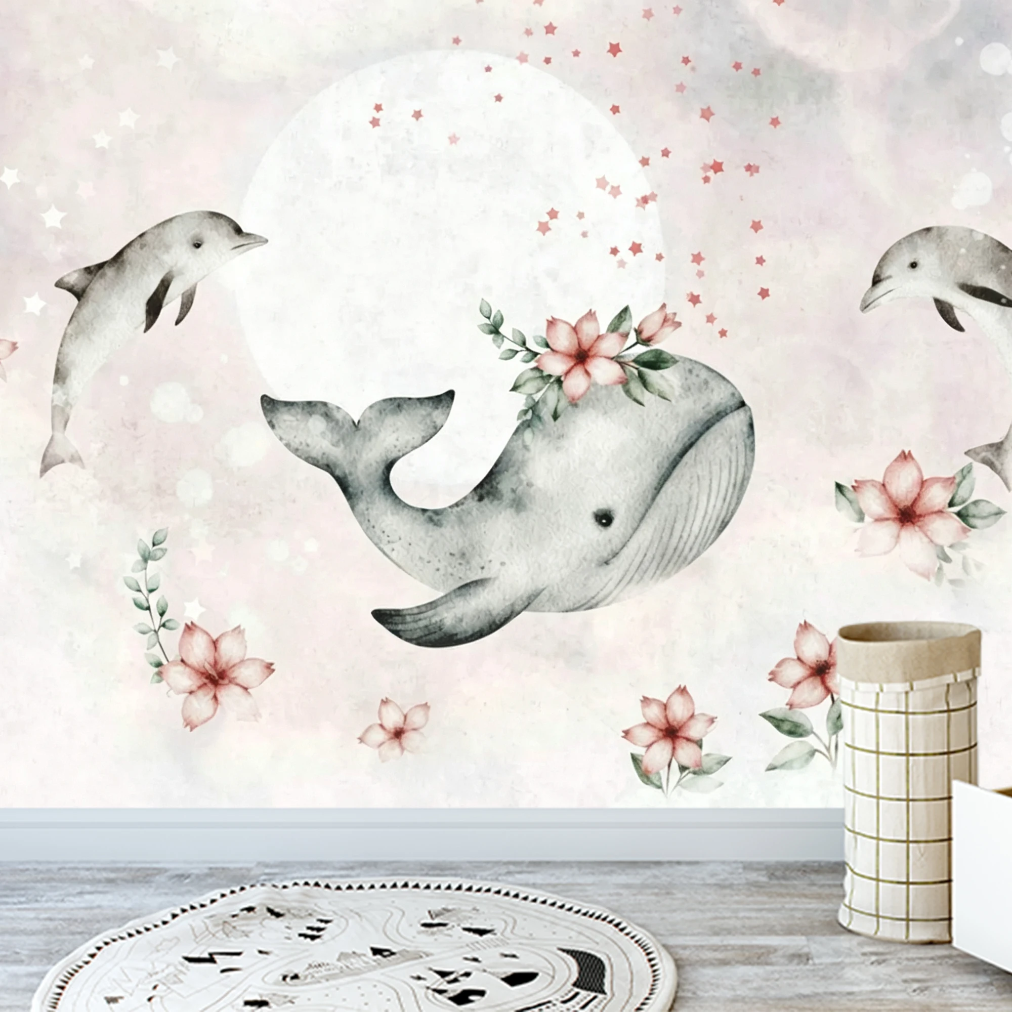 Custom Mural Wallpaper Kids Pink Mountain Hot Air Balloon Peel And Stick Wall Mural Cartoon Scenery For  Girl  Bedroom Home Deco