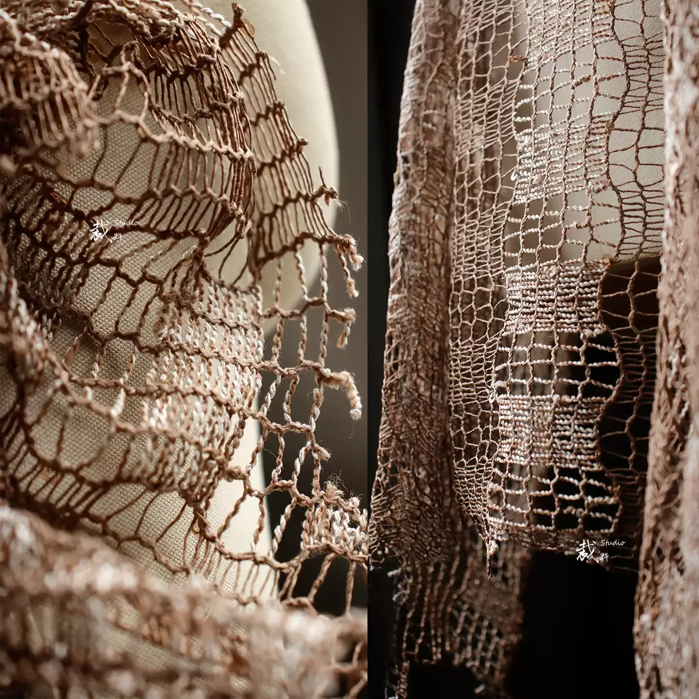 1yard Rusty Yarn Mesh Fabric, Hollow See-through Distressed Brown Knitted Woven Net Cloth Designer Fabric for patchwork