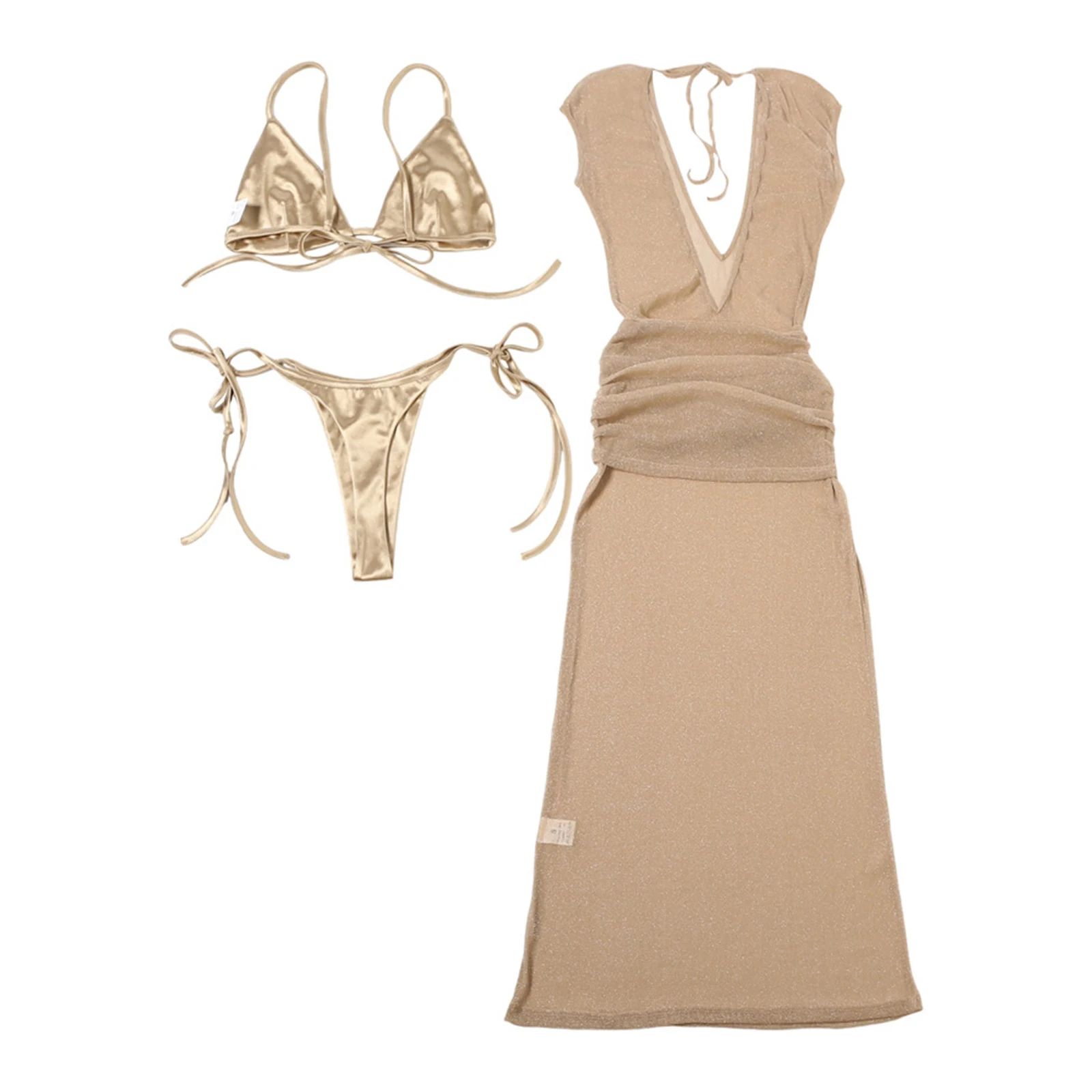 

Летний сексуальный женский комплект из 3 предметов: платье с коротким рукавом и V-образным вырезом, прозрачное блестящее платье, золотой бюстгальтер, стринги на завязках, экзотический комплект 2026