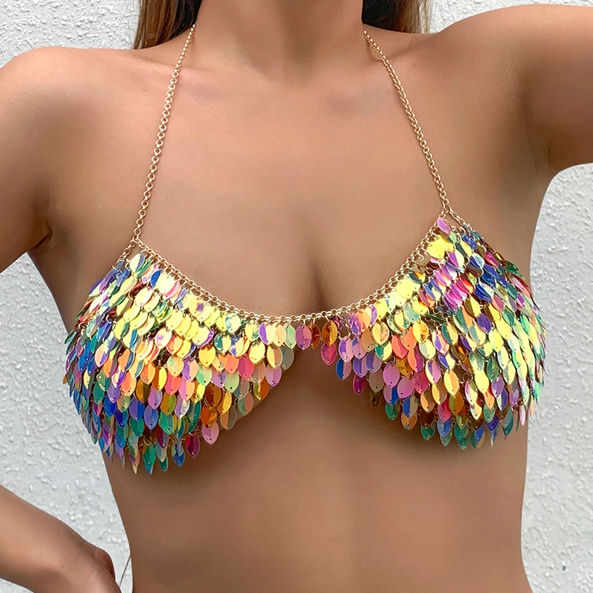 Lacteo Sexy Shiny Sequins Bra Body Chain for Women Female Trendy Masquerade Colorful Bikini Chain Body Jewelry Accessories Gifts