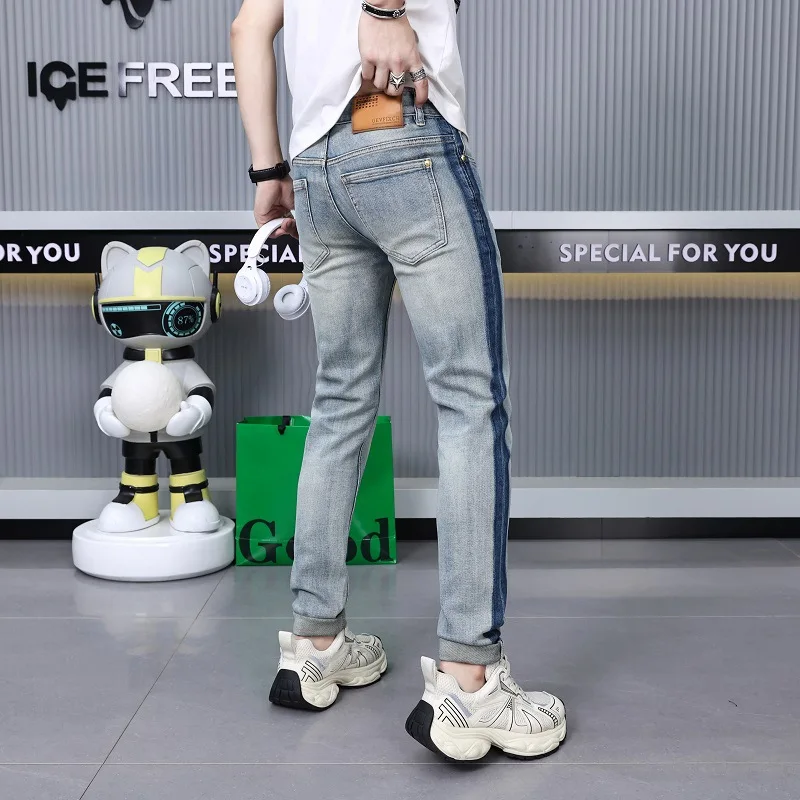 Summer jeans men's striped print design fashion street fashion Korean slim stretch casual ankle banded pants