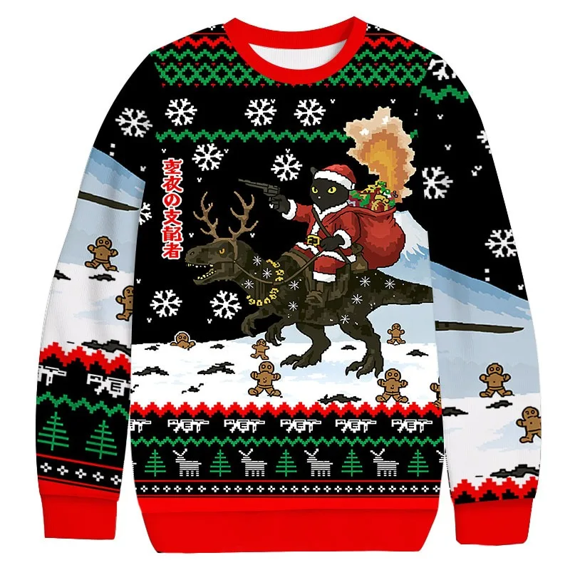 

Men's Cat Riding A Dinosaur Christmas Ugly Sweatshirt Fashion Korean Japanese Long Sleeve Tunics Autumn Heavy Weight Pullovers